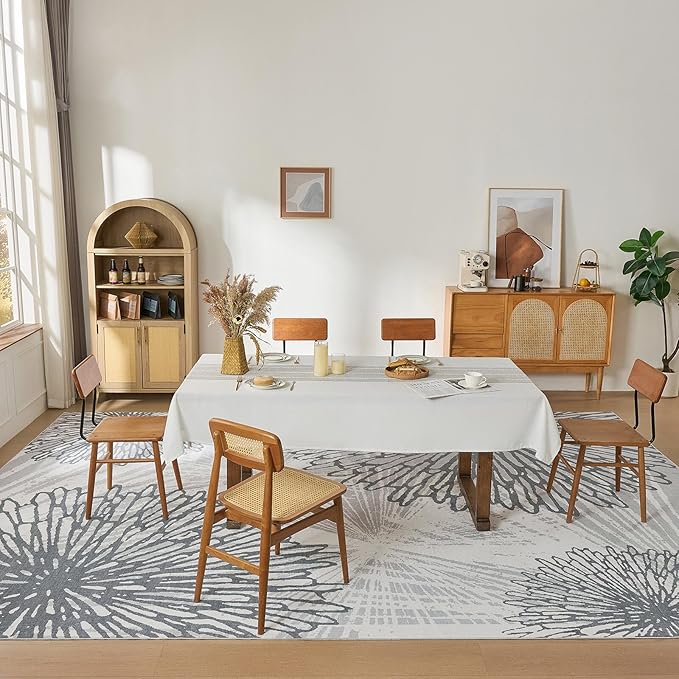 WITSHOCK 12x15 Washable Rug for Living Room,Modern Floral Distress Print Pattern Area Rugs,Stain Resistant with Non Slip Backing Carpet for Dining Room,Bedroom & Home Decor,Grey White
