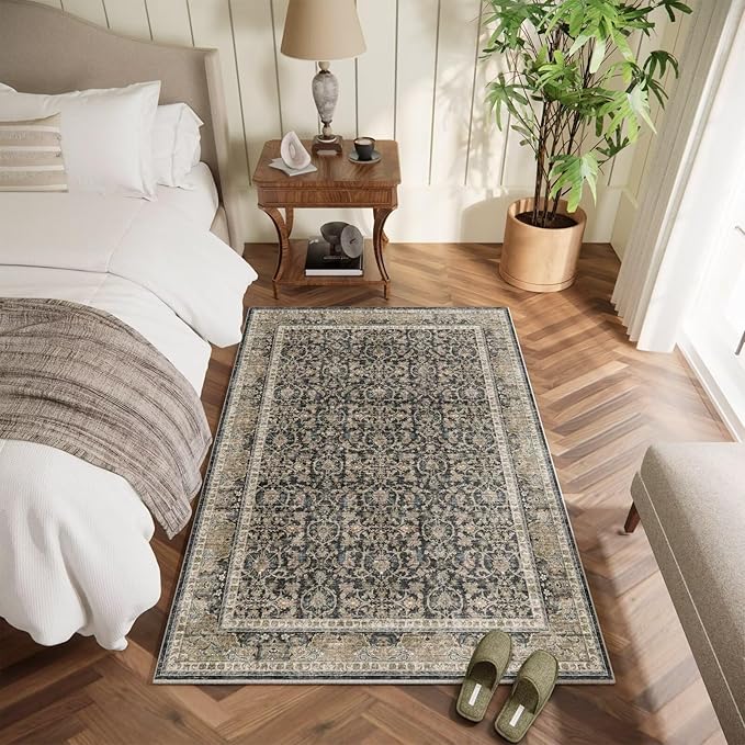 Washable 2x3 Entryway Rug, Boho Non-Slip Door Mat Vintage Distress Small Rugs for Kitchen Nursery Office Bedroom, 0.3" Neutral Oriental Throw Carpet with Cushioning Pad, Black/Brown/Blue/Multi