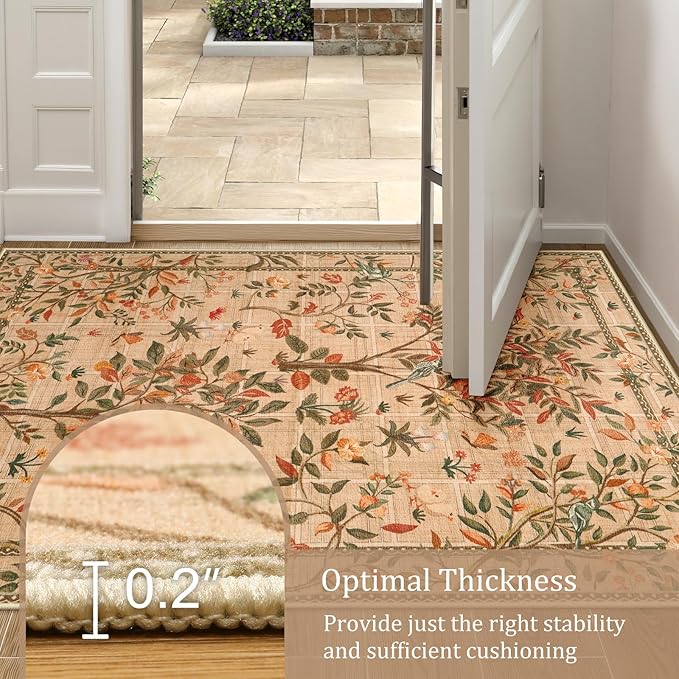 Morebes Washable Area Rugs 8x10, Boho Floral Living Room Carpet Non Slip, Soft Low-Pile Flower Birds Indoor Floor Throw Rug for Dining Room Home Office Playroom Foyer, Brown