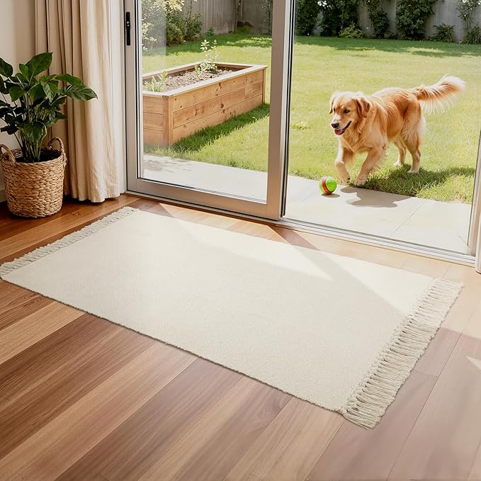 Collive Kitchen Runner Rug 2' x 4.3' ft, Washable Bathroom Rugs Non Slip Hand Woven Reversible Rug for Entryway, Modern Farmhouse Bedroom Carpet for Hallway Front Door Decor, White/Beige