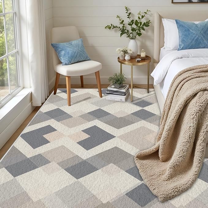 Modern Area Rug Living Room Rugs 3x4, Minimalist Soft Boho Geometric Rug, Non-Slip Washable Low Pile Non Shedding Carpet for Bedroom Office Dining Room Kitchen Nursery, Gray Beige White