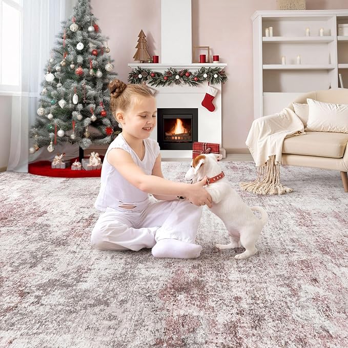 5x7 Area Living Room Rugs - Washable Neutral Modern Abstract Soft Thin Large Rug Indoor Floor No Slip Rug Carpet for Bedroom Under Dining Table Home Office Decor - Pink