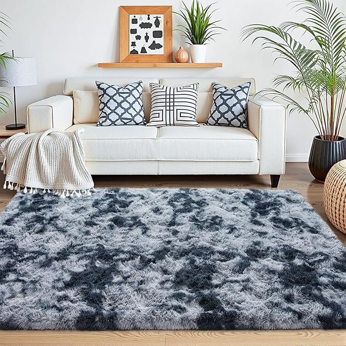 Beglad Fluffy Large Area Rugs 6x9 Feet, Modern Minimalist Style Shag Fuzzy Rugs, Non-Slip Indoor Carpet Soft Rugs for Kids Room, Bedroom & Living Room, Tie-Dyed Dark Blue