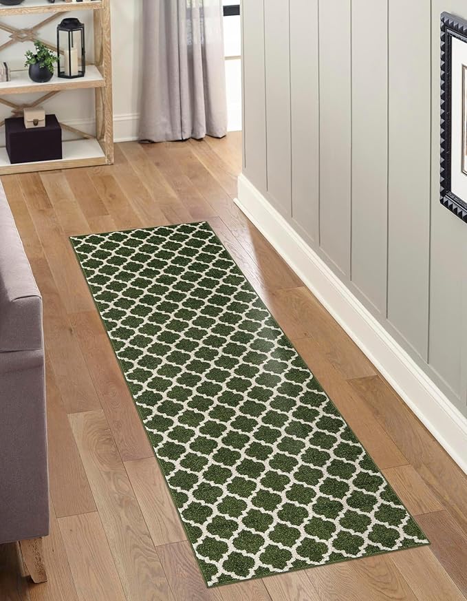 Rugs.com Lattice Collection Rug – 6 Ft Runner Dark Green Medium-Pile Rug Perfect for Hallways, Entryways