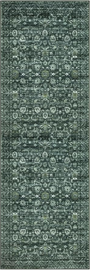 Vintage Floral 2x6 Runner Rug, Dark Green Washable Kitchen Runner Rug Non-Slip Hallway Rug Runner Boho Thin Printed Faux Wool Super Soft Carpet for Entryway Bedroom Laundry Room Indoor
