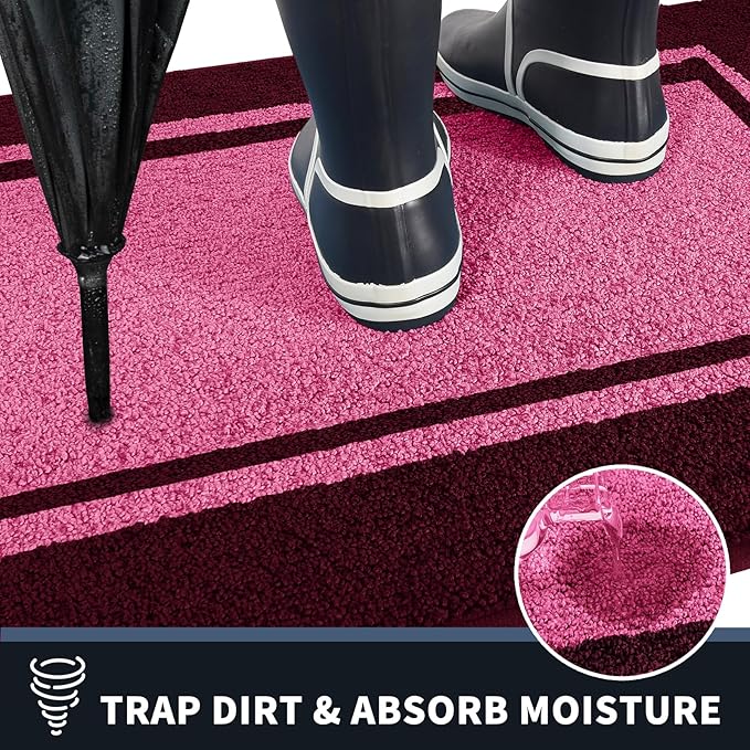 PURRUGS Dirt Trapping Door Mat 32" x 48", Non-Slip/Skid Machine Washable Entryway Rug, Shoes Scraper, Area Rug, Super Absorbent Welcome Mat for Muddy Wet Shoes and Paws, Pink & Burgundy Red