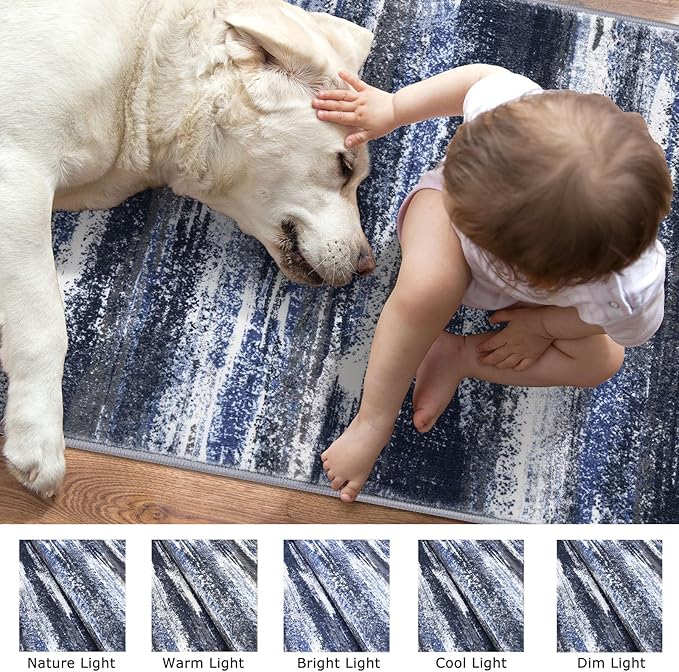 Modern Abstract Hallway Runner Rug, Navy Blue Washable Kitchen Runner Non-Slip Soft 2x8 Runner Rug Thin Print Faux Wool Carpet for Entryway Bedroom Laundry Room Indoor