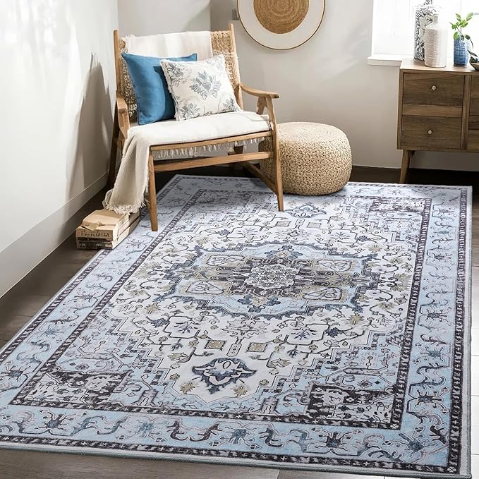 Washable Area Rugs 5x7, Low Pile Soft Vitnage Distressed Rug for Bedroom, Living Room, Dining Room, Non-Slip, Low Pile, Blue