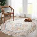 jinchan Kelda Round Rug 4ft Washable Area Rug Indoor Vintage Floor Cover Distressed Circle Mat 4' Round Lightweight Non Slip Low Pile Thin Carpet for Entryway Kitchen Living Room Bedroom Orange