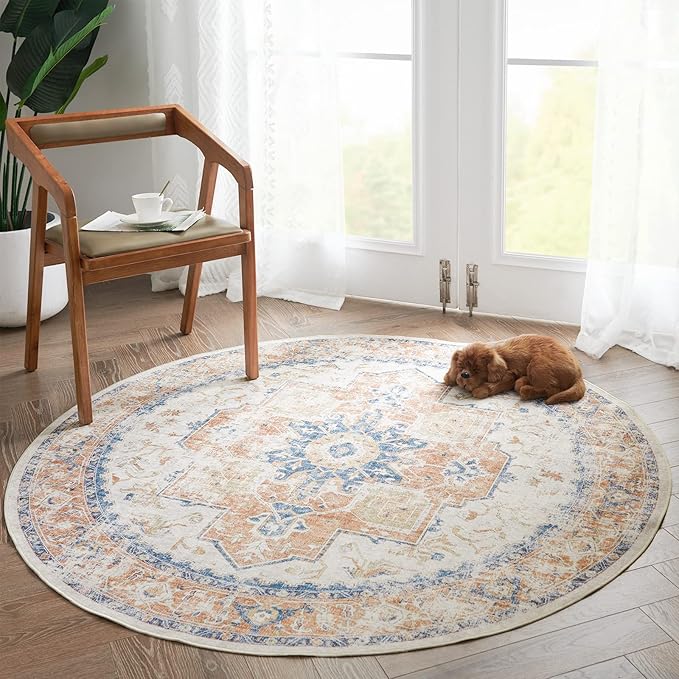 jinchan Kelda Round Rug 4ft Washable Area Rug Indoor Vintage Floor Cover Distressed Circle Mat 4' Round Lightweight Non Slip Low Pile Thin Carpet for Entryway Kitchen Living Room Bedroom Orange