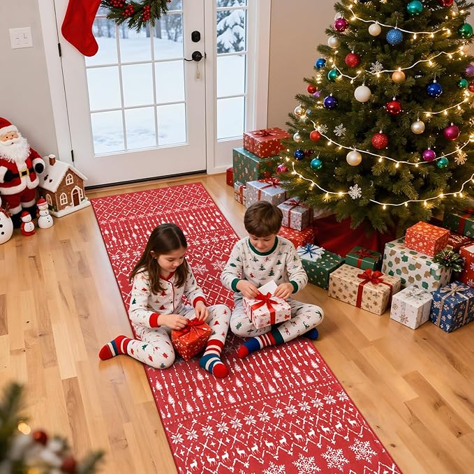 Lahome Christmas Runner Rug 2x6 for Hallway Red Non Slip Washable Low Pile Carpet Moroccan Snowflake Throw Rug Runner for Kitchen Entryway Laundry Bathroom Narrow Space Xmas Holiday Decor