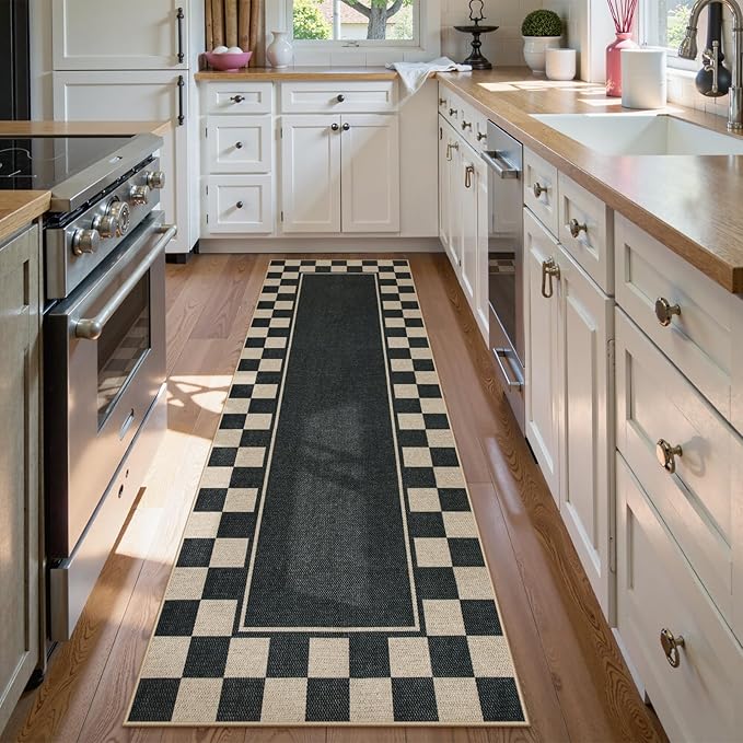 Moynesa Easy Jute Runner Rugs Washable 2.5x8 Entryway Runners Rug for Kitchen Black Checkered Carpet for Indoor Outdoor Non Slip Mat for Hallways Bathroom Bedroom Laundry Living Room Corridor