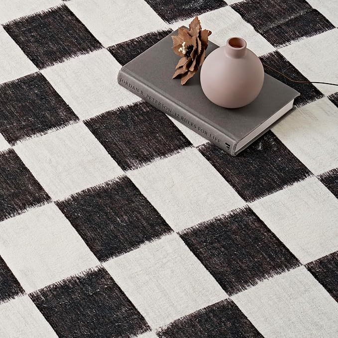 EVERGRACE Checkered Plaid Area Rug 9x12, Soft Fuzzy Faux Wool Rugs Washable Anti Slip Rugs Large Rug Carpet for Entryway Bedroom Living Room Hallway Kitchen and Laundry Room, Black and White