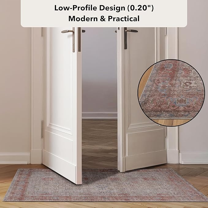 Kuden 9x12 Large Area Rug, Machine Washable Area Rug with Non-Slip Backing, Vintage Style, Soft, Easy Clean, Low Pile Rug for Living Room, Bedroom, Dining Room