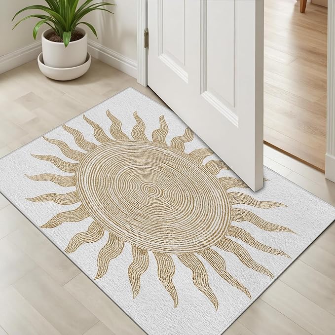 Boho Washable Rugs for Bedroom 7x9, Modern Sun Print Soft Minimalism Area Rug, Non Slip Low Pile Abstract Carpet for Classroom Living Room Decor Dining Room Sofa Kids Nursery Room, Beige Yellow
