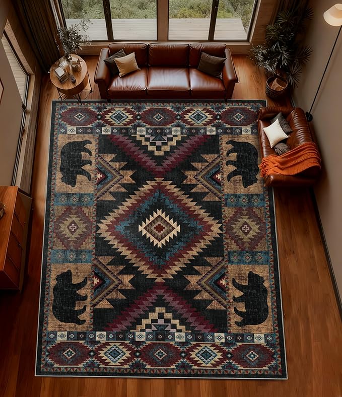 YIHOUSE Rustic Cabin Area Rug 9x12, Lodge Wildlife Bear Washable Large Area Rug, Southwestern Rustic Rugs for Living Room
