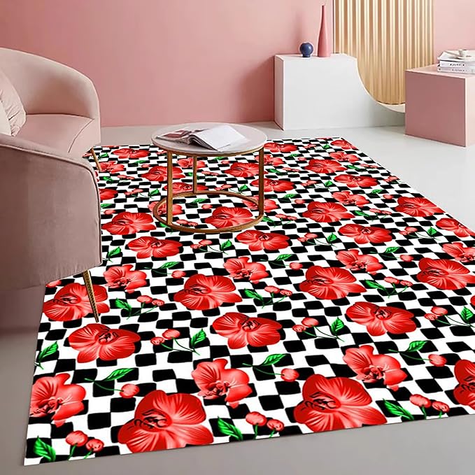 Black and White Checkerboard Pattern with Red Floral Pattern Area Rug for Living Room Bedroom Dining Room Office Guest Room Nursery Room Rustic Low Pile Thin Washable Indoor Mat 7x10