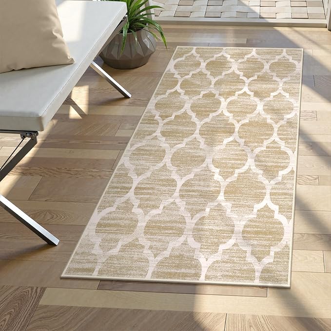 Lahome Moroccan Runner for Hallway - 2x4 Area Rug Washable Non-Slip Soft Bathroom Runner Ultra-Thin Small Kitchen Mat, Modern Print Distressed Floor Runners for Entryway Bedroom （(Taupe, 2'x4')