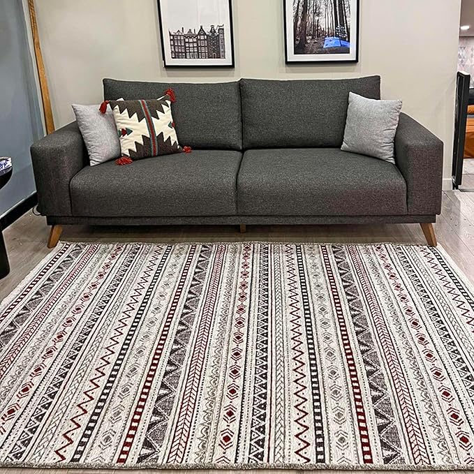 Alfa Rich 5x8 Red Burgundy White Gray Washable Area Rugs for Living Room Bedroom Kitchen Cotton Rug