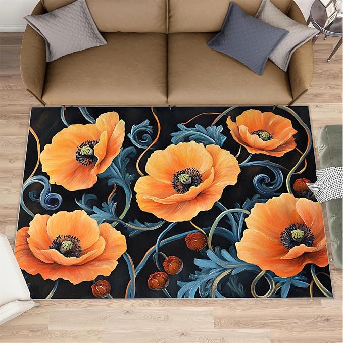 5x7 Poppy Rugs for Bedroom - Retro Florals Art Print Rug, Rustic Flowers Art Rug Non Slip Soft Rugs for Living Room Hardwood Floors Teen Room