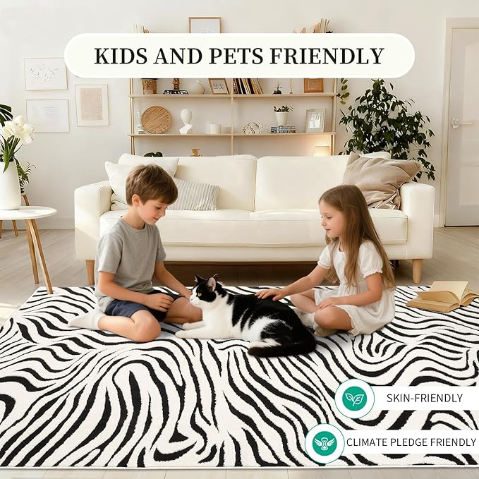 YIHOUSE 8×10 Ft Area Rugs for Living Room: Modern Washable Rug - Abstract Black and Cream White Rug for Bedroom Dining Room Office Playroom Nursery Home Decor - Nonslip Non-Shedding Striped Rugs