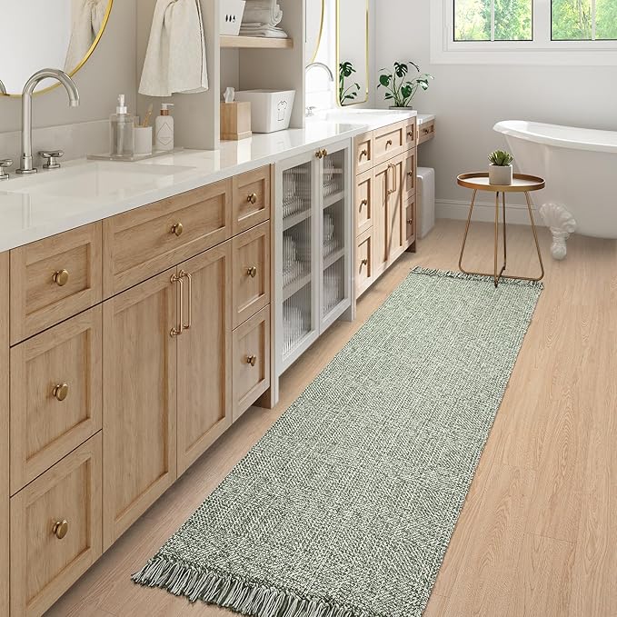 Collive Long Hallway Runner Rug 2.6' x 7', Washable Runner Indoor Entryway Rug, Olive Green/Cream Braided Woven Kitchen Runner Rugs Low-Profile Front Door Floor Carpet for Bedroom Doorway