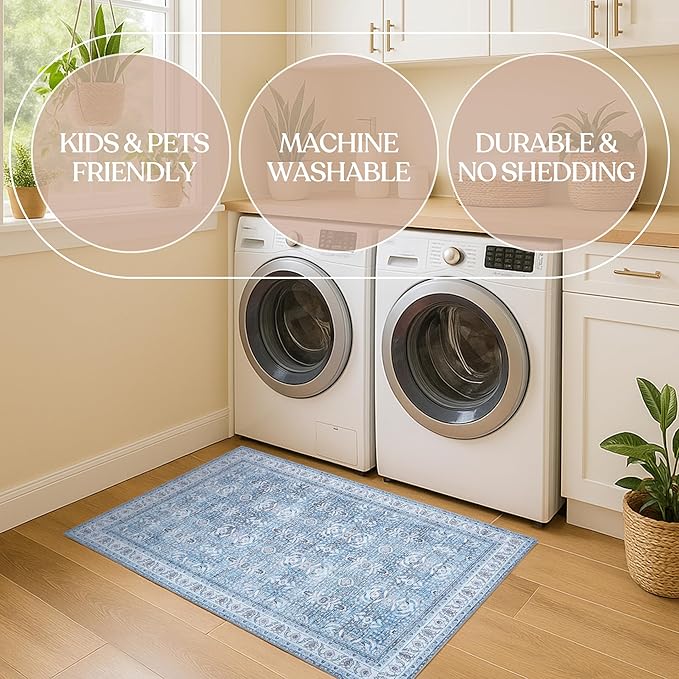 Fame Living Washable Area Rug. Modern Farmhouse. Vintage. Turkish. Bohemian. Distressed. Oriental. Traditional. Rugs for Living Room. Dining. Bedroom. Office. Entryway. Foyer. (866CBl, 2'5" x 6'5")