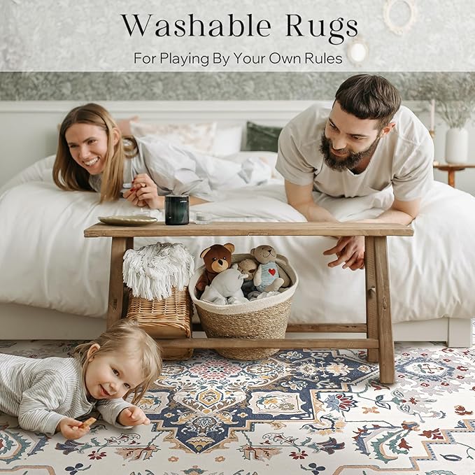 Phantoscope Washable Area Rug 8'x10' Non-Slip, Vintage Boho Rugs for Living Room, Bedroom, Dining Room, Persian Floral Medallion Pattern, Low-Pile Foldable Floor Carpet, Ivory Blue/Garden Bloom