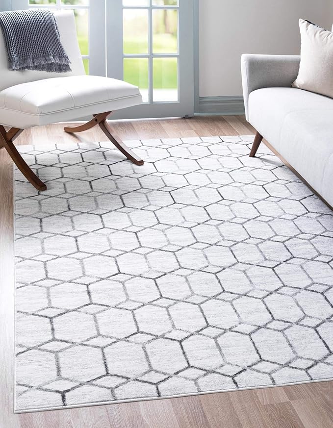 Rugs.com Lattice Trellis Collection Rug – 6' x 9' White Low-Pile Rug Perfect for Living Rooms, Large Dining Rooms, Open Floorplans