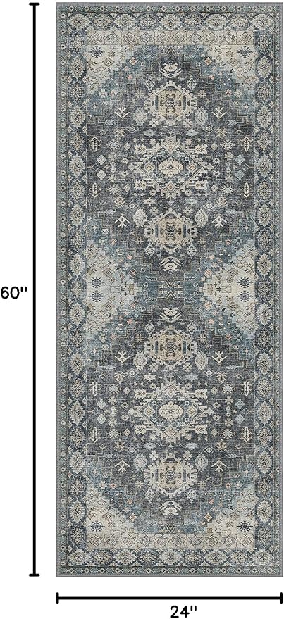 GENIMO 2x5 Washable Runner Rug for Hallway, Vintage Non Slip Low Pile Carpet, Soft Lightweight Printed Rug for Entryway, Kitchen, Corridor & Home Office, Slate Gray Blue