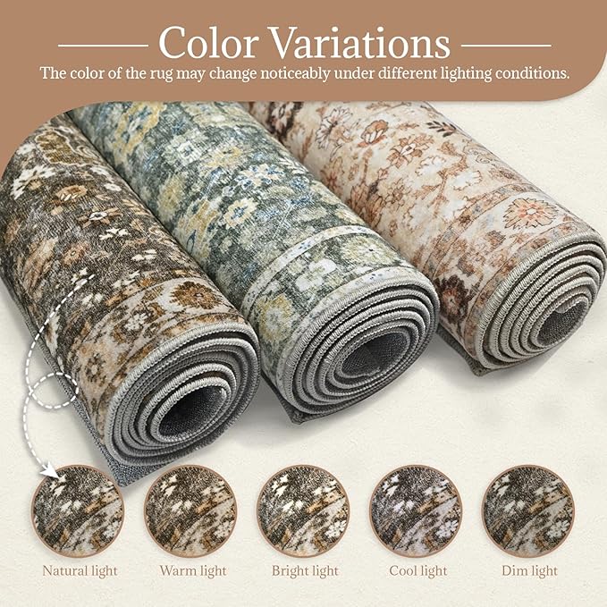 6x9 Washable Rug Vintage Fade Resistant Boho Distressed Non-Slip Indoor Large Carpet Low Pile Lightweight & High-Traffic Safe for Bedroom, Dorm, Playroom - Farmhouse Decor