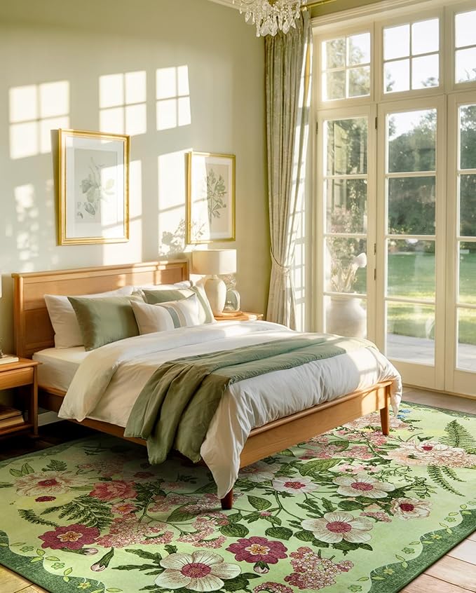 Floral Washable 5x7 Area Rugs - Living Room Rug Non Slip Low Pile Stain Resistant Carpets Indoor Vintage Flower Print Rug for Bedroom Dining Room Kitchen Home Office Green