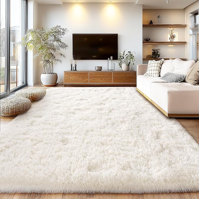 Cream White Plush Rug for Living Room Fuzzy Carpet for Bedroom Dorm, Non-Slip High Pile Rug, Shag Rug for Playroom Nursery Home Office Decor 8X10 Ft