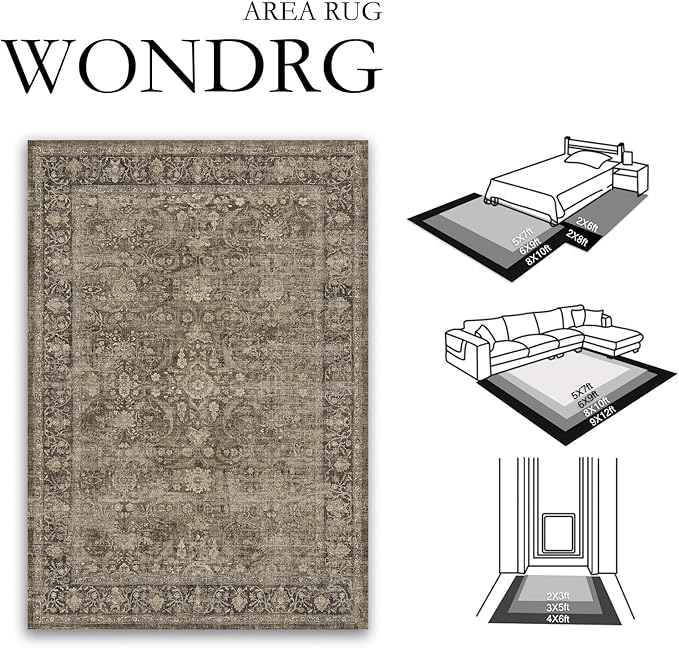 8x10 Brown Washable Area Rug for Living Room Bedroom Neutral Vintage Soft Non Slip Rug Low Pile Distressed Carpet for Dining Room Nursery Office Indoor