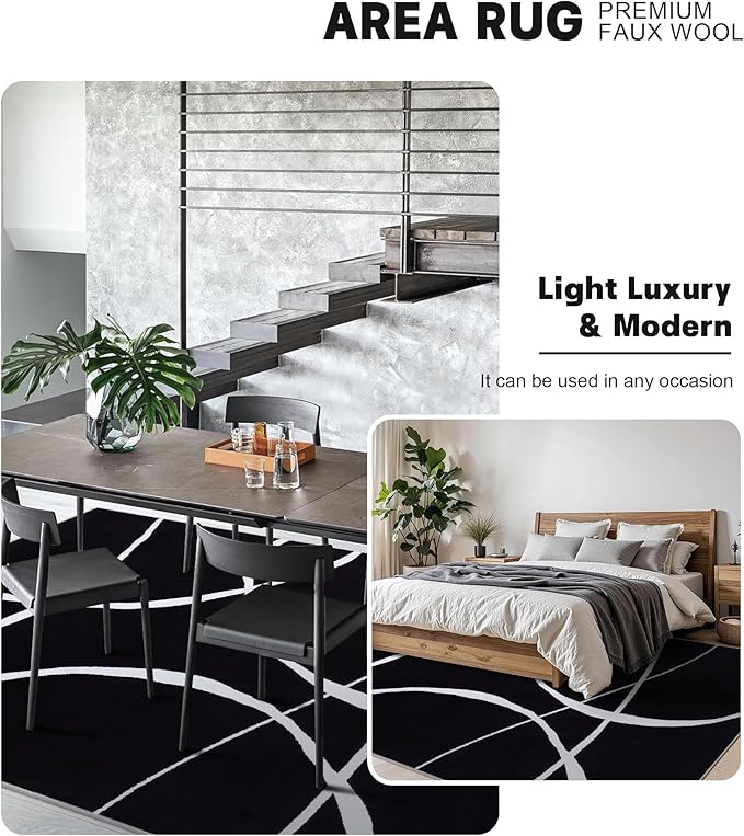 YIHOUSE Modern Washable Area Rug for Living Room Bedroom - Large Abstract Black and White Rug Non-Slip Ultra-Thin Home Decor (Dark Curve, 5'x7'ft)
