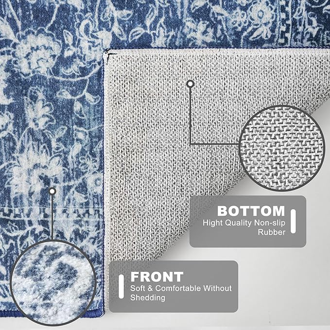 KILOCOCO Runner for Hallway 3x14 Runner Rug Printed Vintage Floral Washable Rug Kitchen Runners Soft Non-Slip Low Pile Hallway Runners Laundry Room Distressed Boho Rugs, Blue