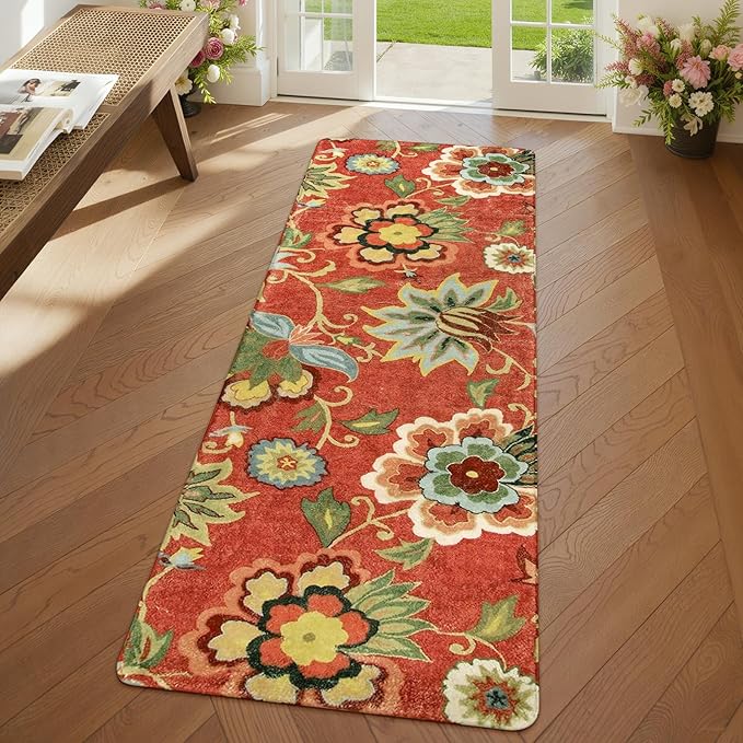 Lahome Floral Red Christmas Runner Rug 2x5, Washable Kitchen Hallway Runner Rug, Vintage Soft Christmas Throw Non-Slip Carpet for Entryway Living Room (2'x5', Red)