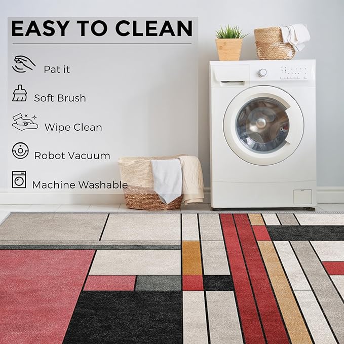 2x3 Abstract Geometric Throw Rugs for Entryway, Washable Black White Red Pattern Indoor Door Mat, Bedroom Kitchen Entrance, Non Slip Soft Thin, Minimalist Modern Decor Small Area Rug PF-P 49