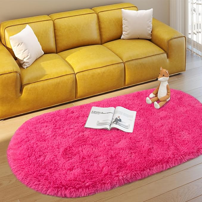Soft Fluffy Area Rug for Bedroom, Hot Pink Fuzzy Shaggy Oval Throw Rugs for Bedside, Non-Slip Cozy Plush Shag Carpet for Girls Kids Room Nursery Dorm Living Room, 2.6 x 5.3 Feet
