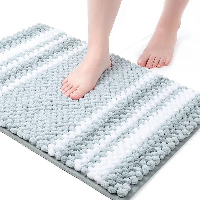 PiccoCasa Chenille Bathroom Rug, Soft Fluffy Absorbent Bath Mat, Medium Pile Striped Carpet Washable Non Slip Bathroom Floor Mats(17"x24",Light Blue & White)