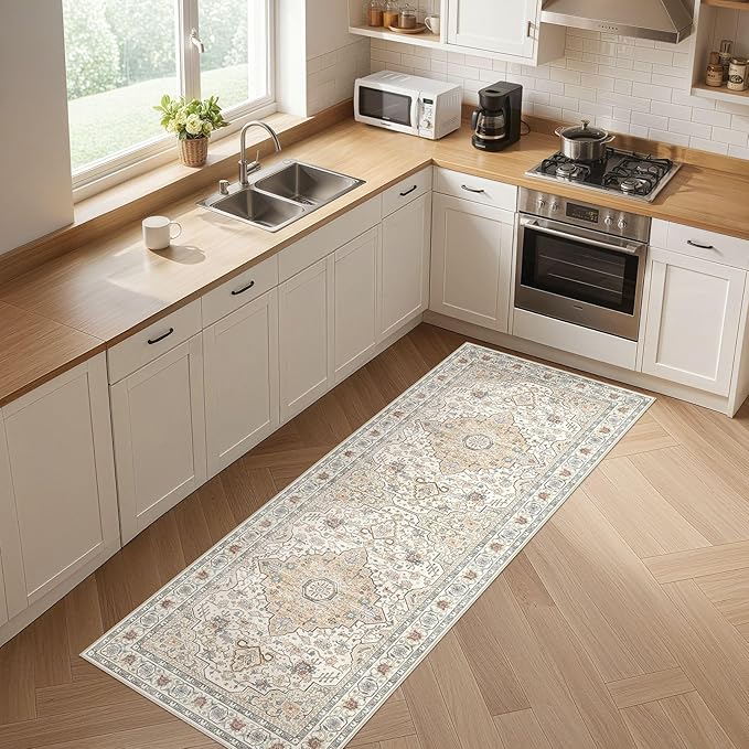 Runner Rug Kitchen Washable Rugs: 2x6 Non-Slip Boho Soft Vintage Stain Resistant Indoor Floor Neutral Farmhouse Throw Carpet for Hallway Bathroom Laundry Room Entryway Bedroom- Cream