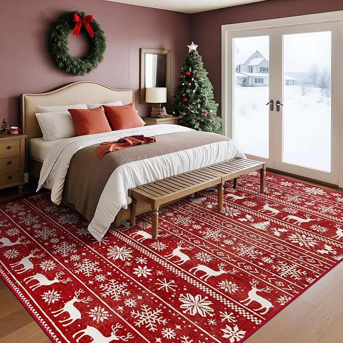 Christmas Rug 8x10 Washable Rugs, Boho Christmas Tree Snowflake Rug Non-Slip Soft Low Pile Non Shedding Indoor Holiday Decor Carpet for Living Room Bedroom Dining Room Home Office (Xmas Red, 8'x10')