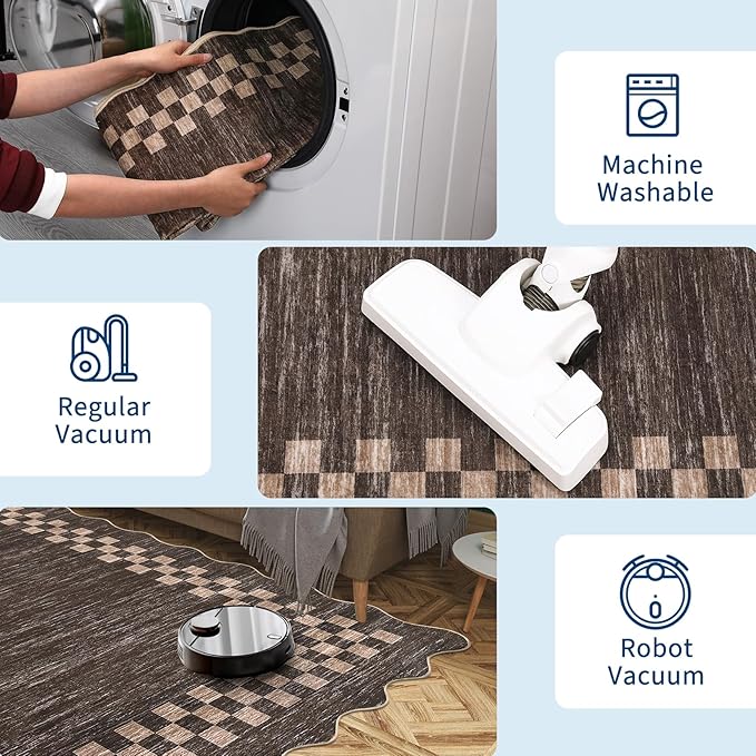 GarveeHome Scalloped Round Rug 4ft Modern Solid Color Circle Rugs Non Slip Low Pile Living Room Throw Carpat Washable Bedroom Scalloped Round Area Rug Stain Resistant Bordered Rug for Kitchen, Brown
