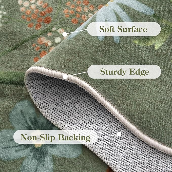 Lahome Floral Washable Rugs 8x10, Non-Slip Soft Green Rug Stain Resistant, Ultra-Thin 8x10 Rugs for Living Room Easy Clean Boho Accent Carpet for Dining Room Office(8x10ft,Green)