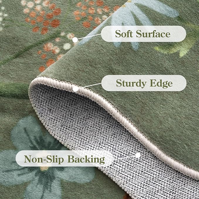 Lahome Floral Washable Round Rugs, Non-Slip Soft Round Rug 4ft Ultra-Thin, Small Boho Circle Carpet for Entryway Kitchen Bedroom Nursery Bathroom, Green