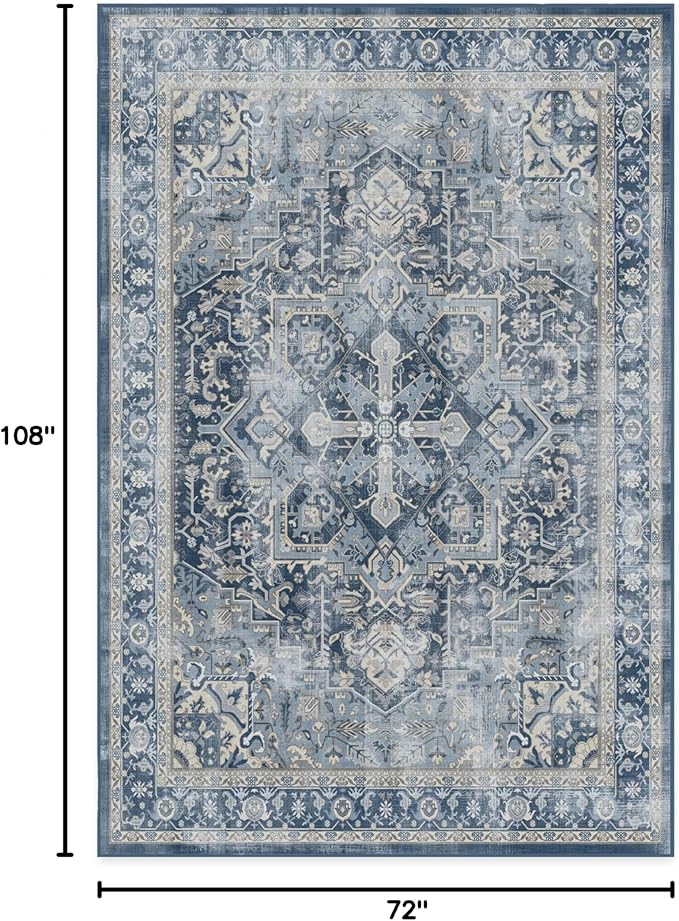 RUGGABLE Washable Area Rug – Kamran Admiral Blue 6x9, Stain-Resistant, Non-Slip – Medium Machine Washable Rugs for Living Room, Bedroom, Hallway, Entryway & Office–with Cushioned Pad
