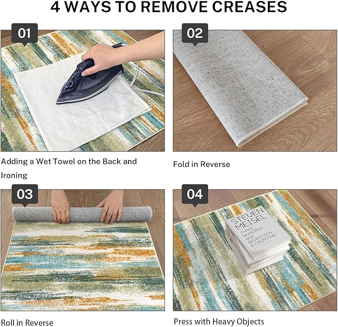 Modern Abstract Runner Rug 2.6x8, Green Mustard Multi Washable Kitchen Runner Non-Slip Soft Hallway Rug Runner Thin Print Faux Wool Carpet for Entryway Bedroom Laundry Room Indoor