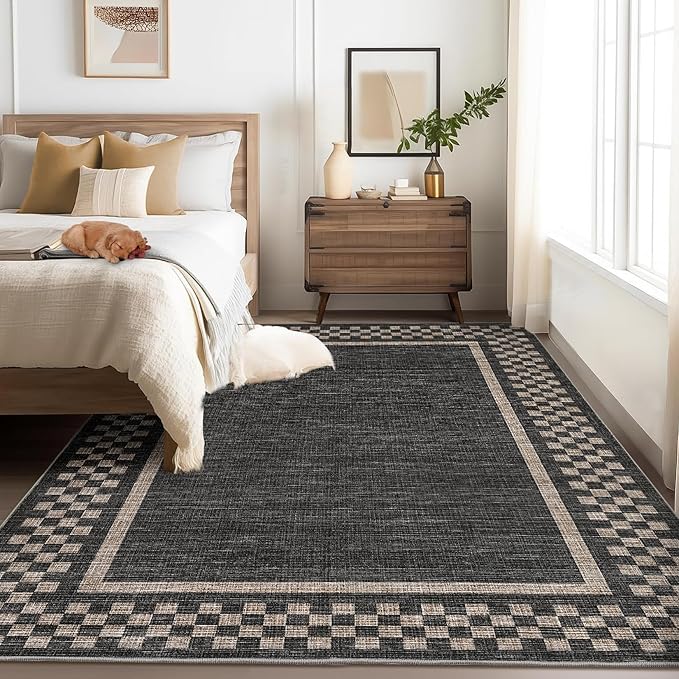 GarveeHome Modern Bordered 9x12 Area Rugs for Living Room Bedroom Soft Washable Large Bedroom Throw Carpet Non Slip Checkered Geometric Rugs for Dining Room Home Decor Office, Black