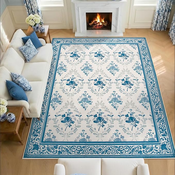 SOULFUL Medium Pile 8x10 Rugs for Living Room - Soft Underfoot Large Area Rug - Blue Boho Floral - Washable Non-Slip - Perfect for Bedroom Kids Room Under Dining Table Office