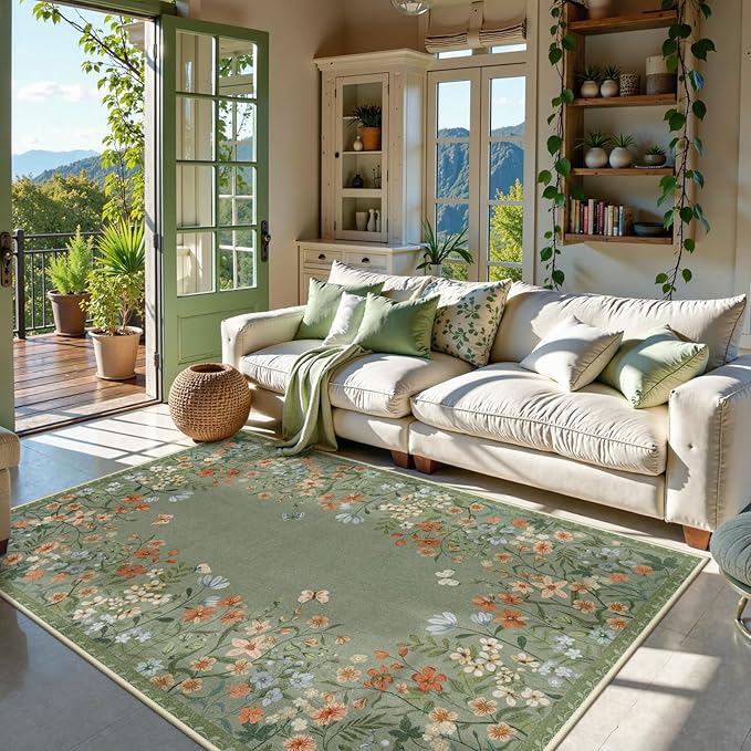 Lahome Boho Floral Green Washable 5x7 Area Rugs for Living Room, Non Slip Rugs for Bedroom, Indoor Throw Dining Room Carpet for Under Table Entryway Kitchen Office(Green,5x7)